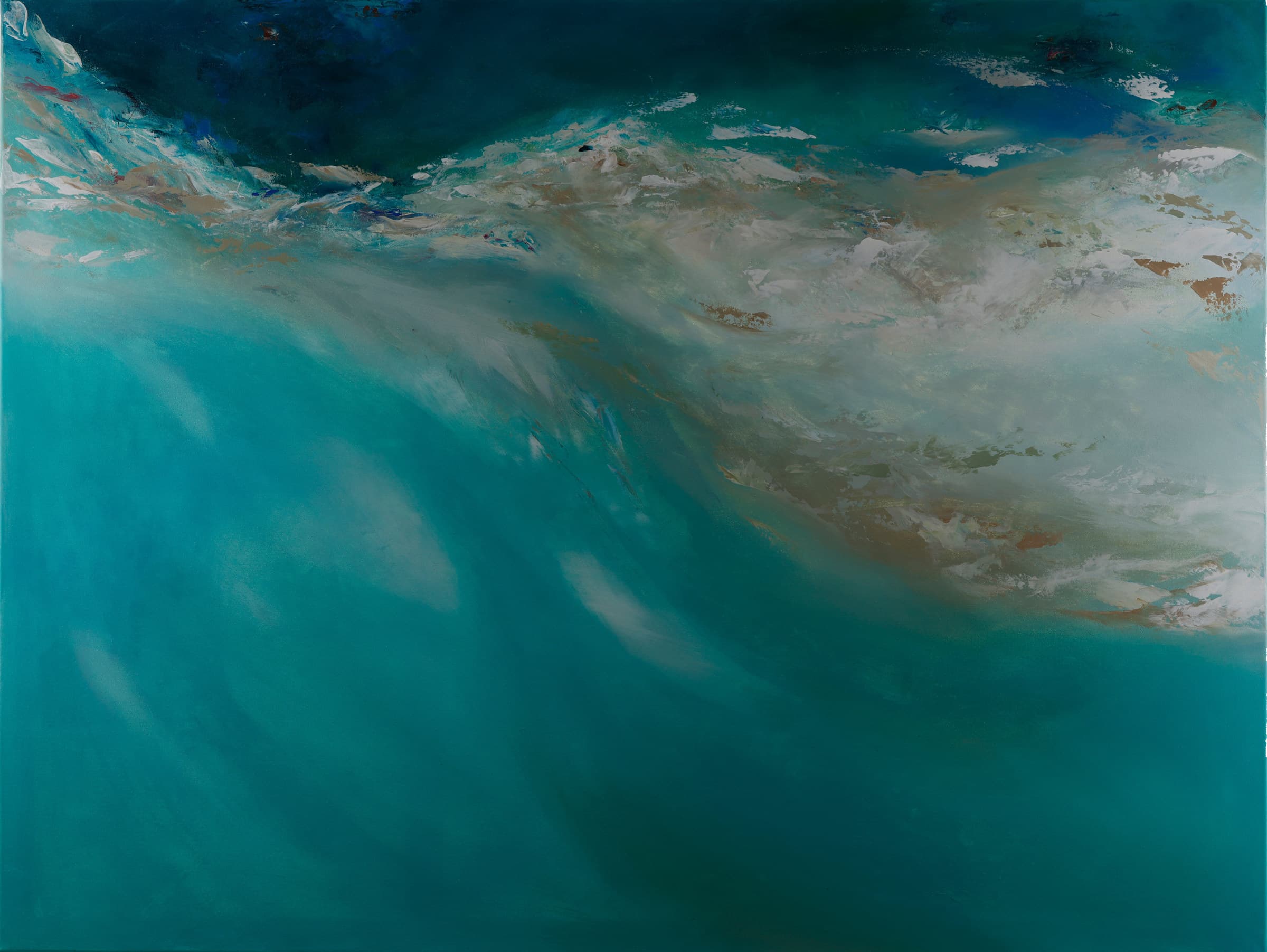Approaching Destination — original abstract seascape painting by Ritushka in deep teal, seafoam and warm sand, 91 × 122 cm (35.8 × 48 in)