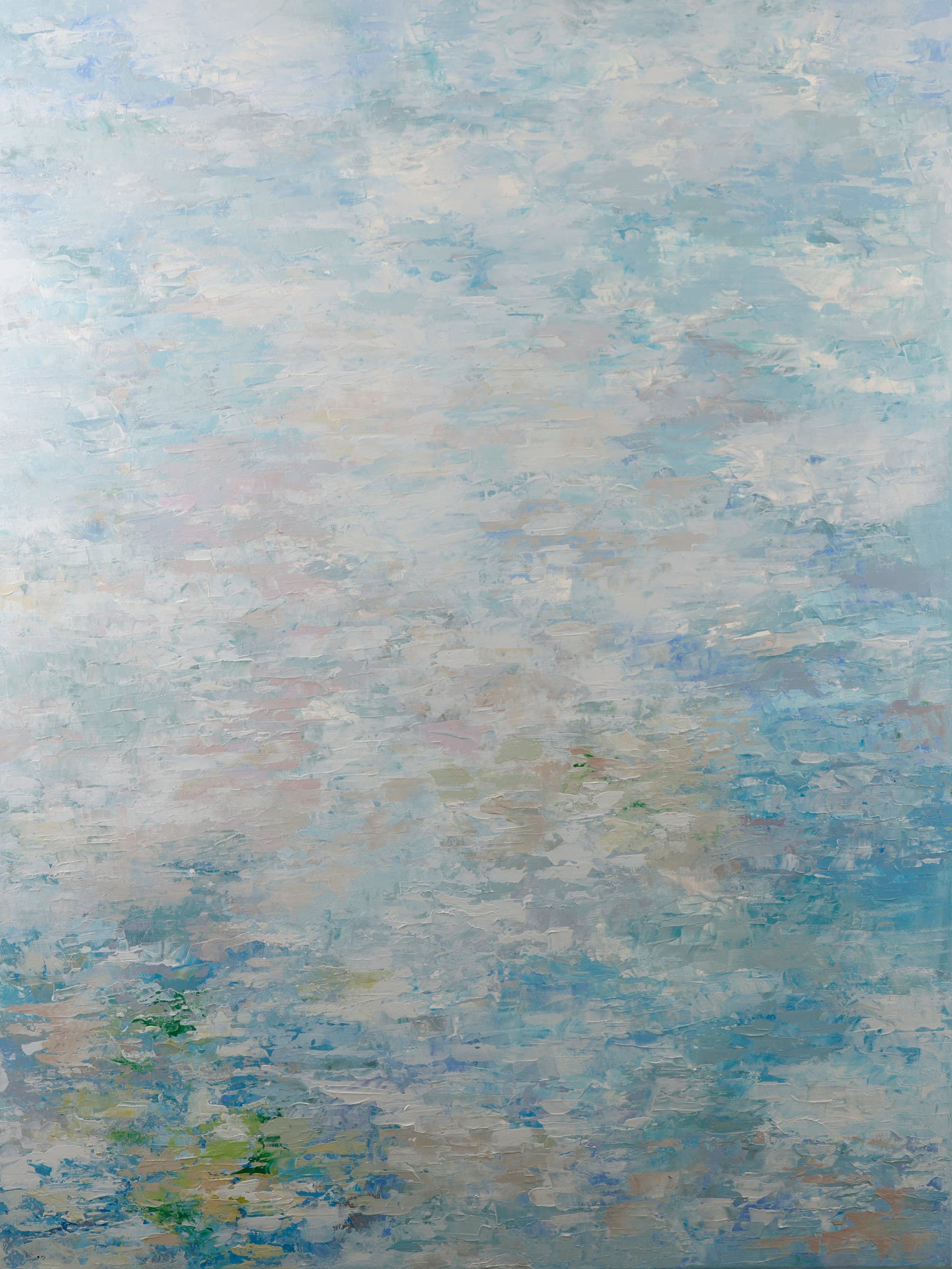 Aqua Frost — Thinking of You — original abstract seascape painting by Ritushka in frosted aqua, silver and pale blue, 120 × 91 cm (47.2 × 35.8 in)