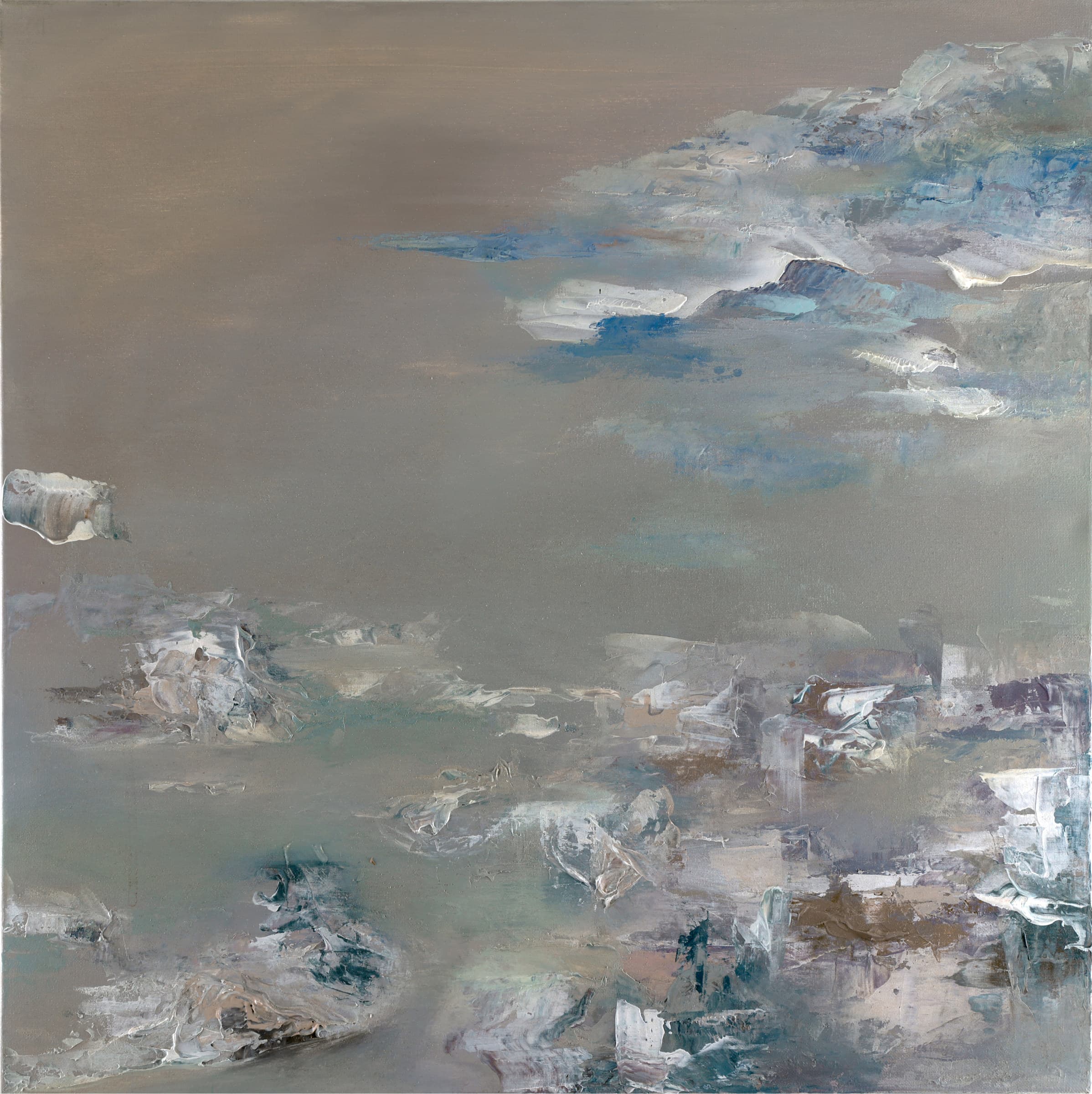 Blue Mountains — original abstract landscape painting by Ritushka in stone grey, mist blue and chalk white, 60 × 60 cm (23.6 × 23.6 in)