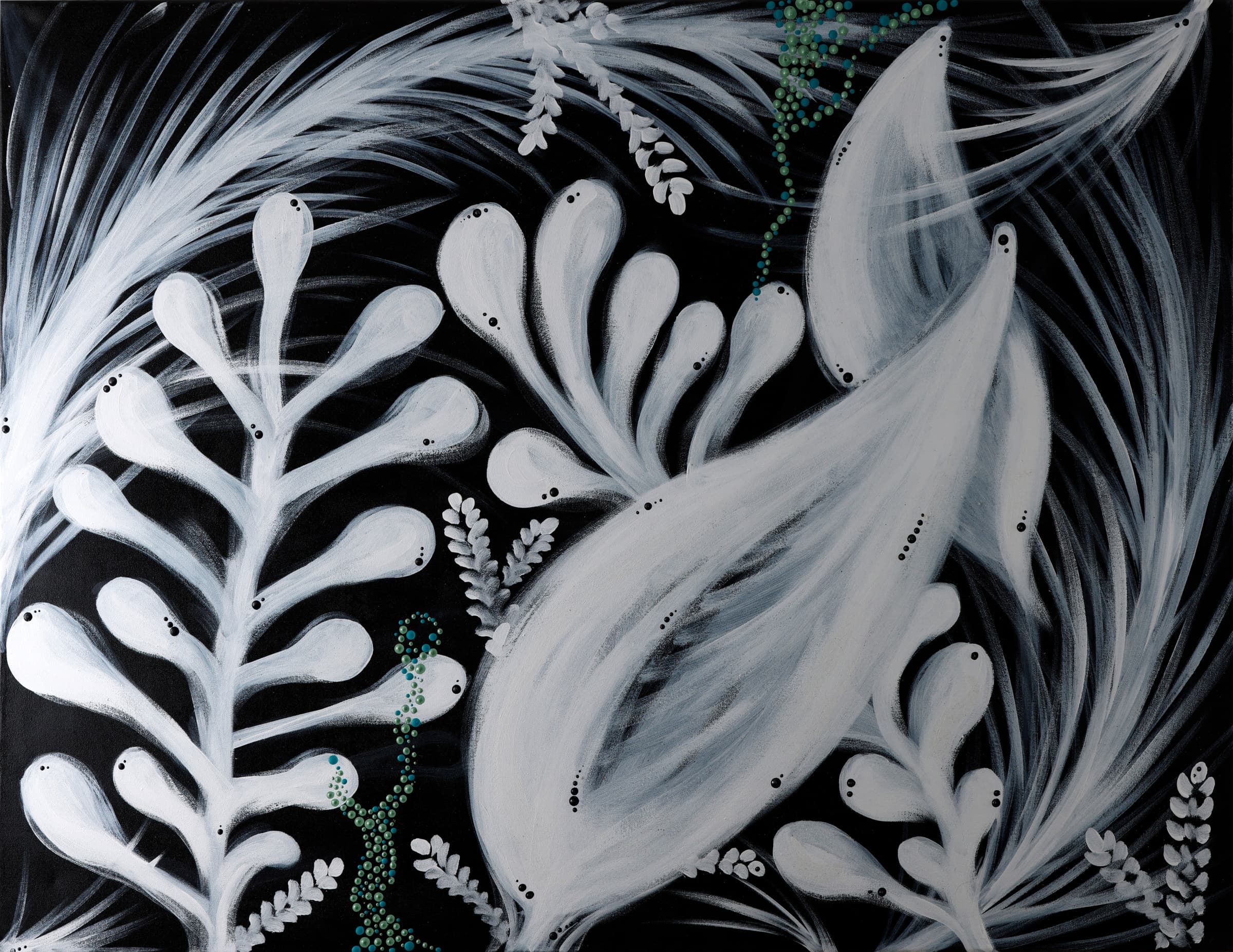 Bush — original painting by Ritushka in white and silver on deep black, 91 × 122 cm (35.8 × 48 in)