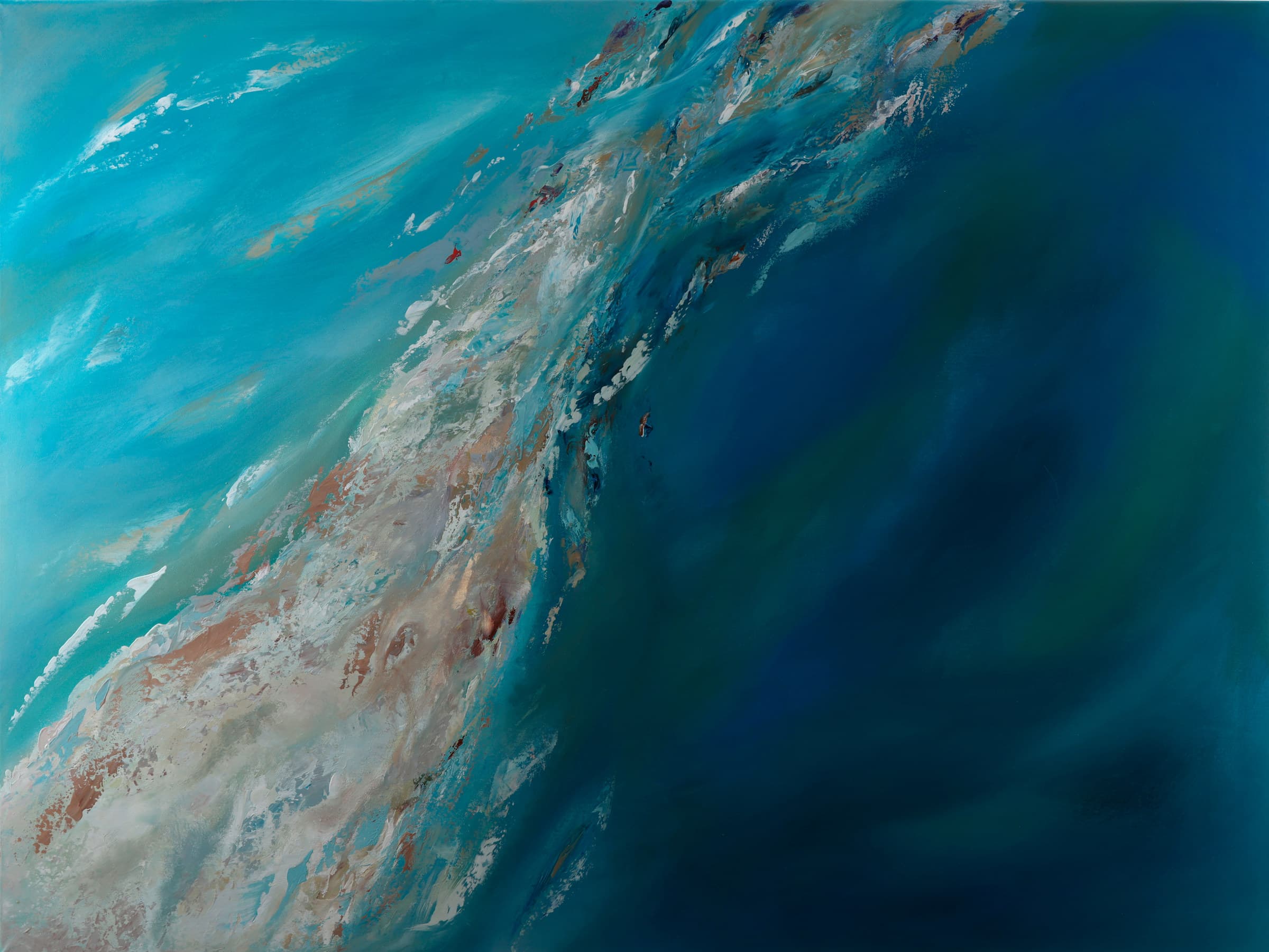Desire — original abstract seascape painting by Ritushka in deep ocean blue, teal and breaking white, 91 × 122 cm (35.8 × 48 in)