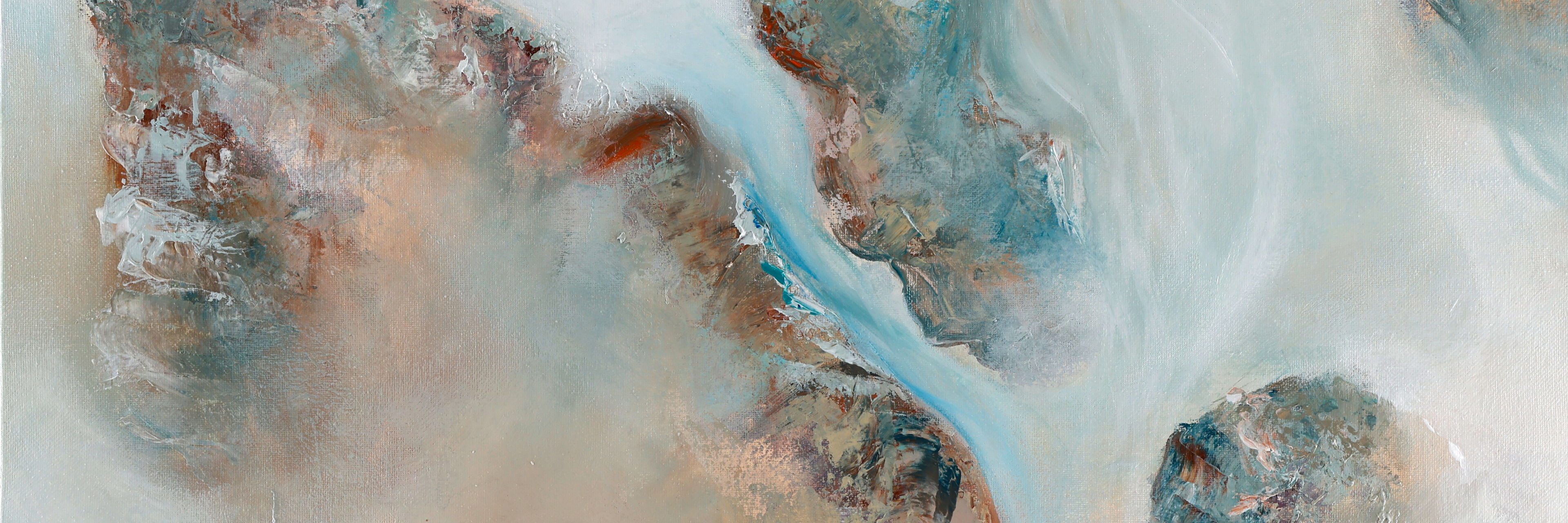 Rushing Shallows — original coastal abstract painting by Ritushka in bone white, stone and pale aqua, 60 × 60 cm (23.6 × 23.6 in)